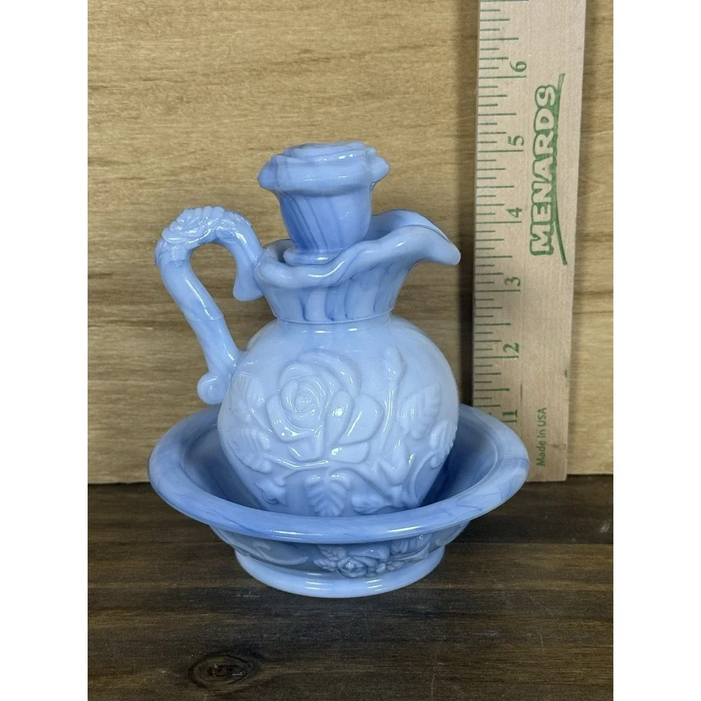 VTG Avon Blue Glass‎ Pitcher Bowl Soap Set Blue Slag Milk Glass W/ Original Soap